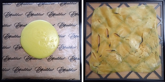 Blended zucchini and potatoes on dehydrator trays, before and after.