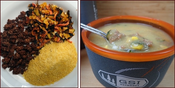 Zucchini-Potato Soup: Dried ingredients on left, rehydrated on right.