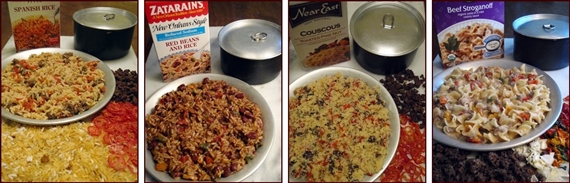 Easy Backpacking Meals: Spanish Rice, Red Beans & Rice, Couscous with Beef & Tomato, and Cheesy & Saucy Pasta.