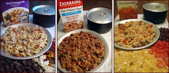 Easy Backpacking Recipes: Beef Stroganoff, Red Beans & Rice, and Couscous with Beef & Tomato.