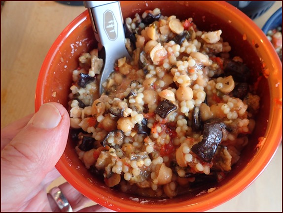 Rehydrated eggplant parmesan with chickpeas.