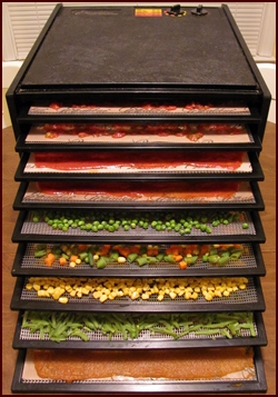 9-tray Excalibur Dehydrator fully loaded with Vegetables and Sauces.