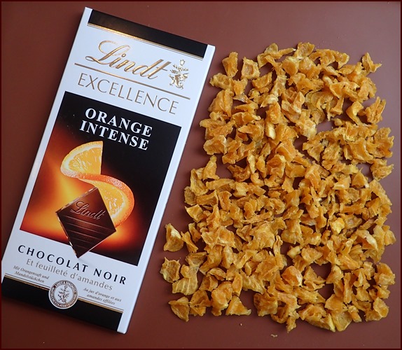 Lindt chocolate for covering orange pieces.