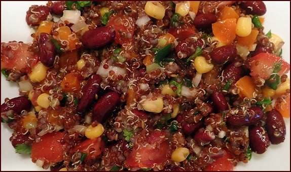 Quinoa & Bean Cilantro Salad. Quinoa is easy to precook and dehydrate and it rehydrates well with cold water for a stoveless backpacking meal.