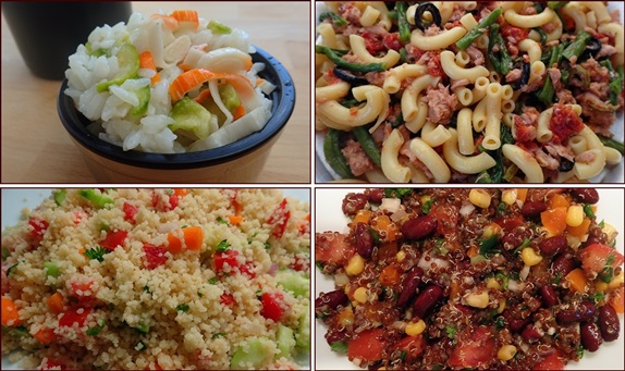 No-cook backpacking meals: rice salads, pasta salads, quinoa salads, couscous salads, and gazpacho.