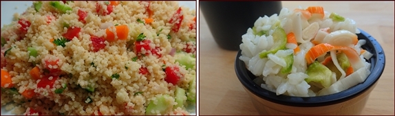 No-cook Backpacking Meals: Couscous Salad with Cucumber-Salsa Dressing, and Sushi Rice Bowl.