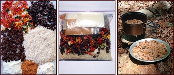 Mexican Beef & Rice: Dehydrated ingredients, packaging for trail, and the cooked meal.