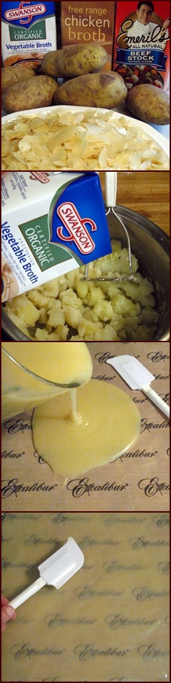 Potato Bark: Mashing potatoes with broth and drying on dehydrator tray.