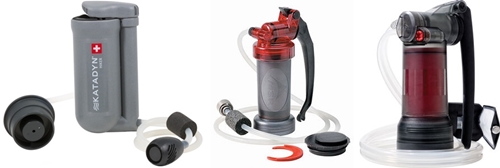 Pump-style Backpacking Water Filters: Katadyn Hiker, MSR MiniWorks, MSR Guardian Purifier.