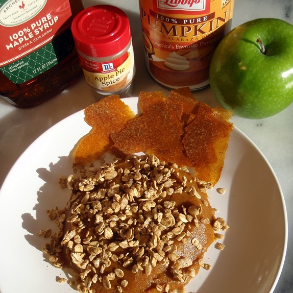 Photo shows dehydrated pumpkin-apple pie bark in chip form, and then rehydrated into pudding with toppings.