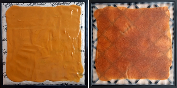 Photos show blended pumpkin-peanut butter pie ingredients before and after dehydrating.