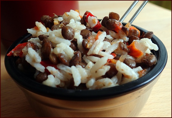 Lentils & Rice Salad rehydrated with cold water in a thermos food jar.