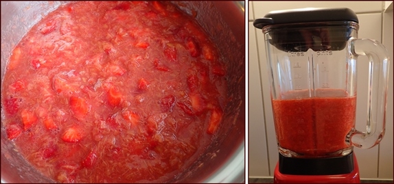 Cooked rhubarb with strawberries. Blend until smooth.