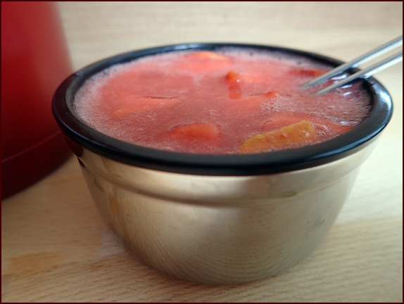 Rhubarb-Apple-Berry Spoon Smoothie rehydrating in Thermos Food Jar.