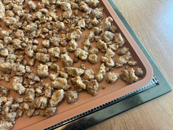 Sausage-seasoned ground beef on silicone dehydrator tray.