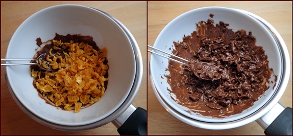 Stirring the orange pieces into the melted chocolate.