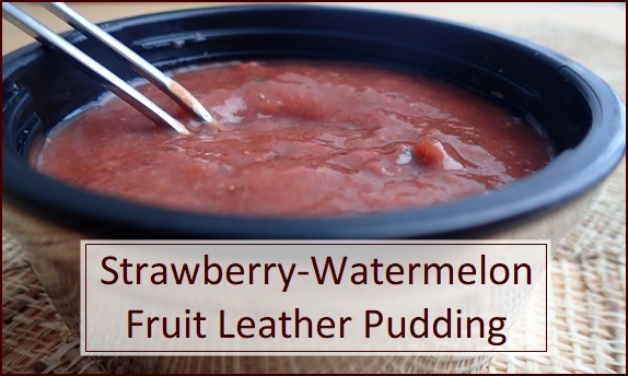 Strawberry-watermelon fruit leather pudding rehydrated with cold water.