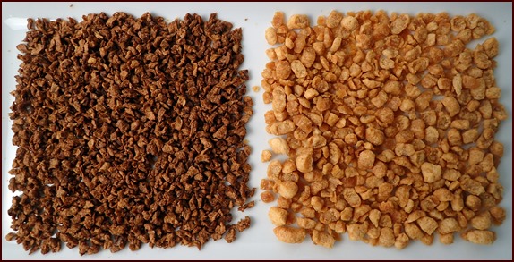 Beef-Flavored Bits (L) and Chicken-Flavored Bits (R)used in the featured TVP recipes.