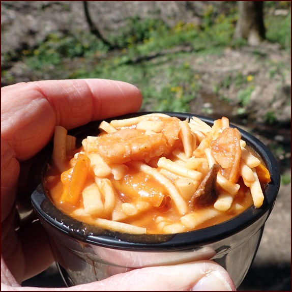 Shrimp Linguine rehydrated on the trail in a thermos food jar.