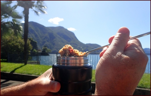 Chef Glenn enjoying Mexican Beef & Rice in a park in Lugano, Switzerland.