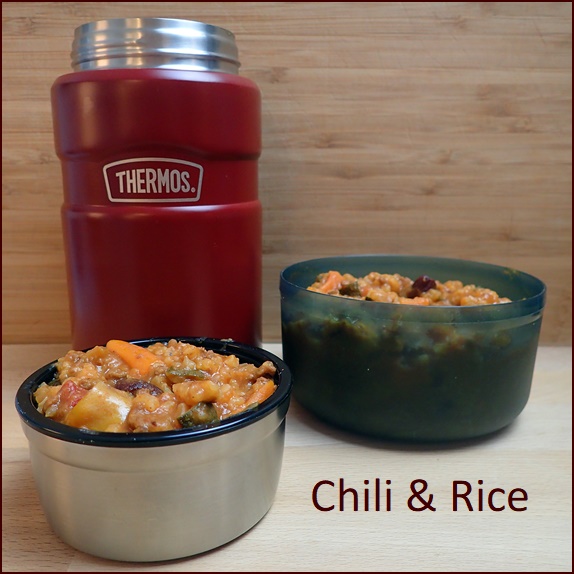 Chili & Rice rehydrated in thermos food jar.