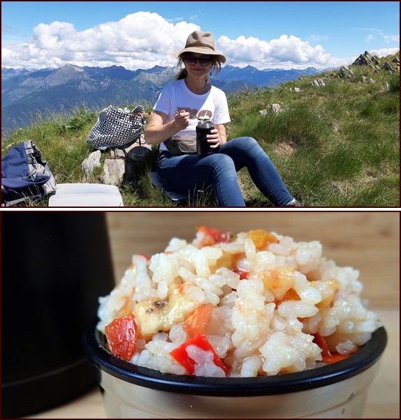 Dominique enjoying peach salsa rice salad, Monte Tamaro, Switzerland.