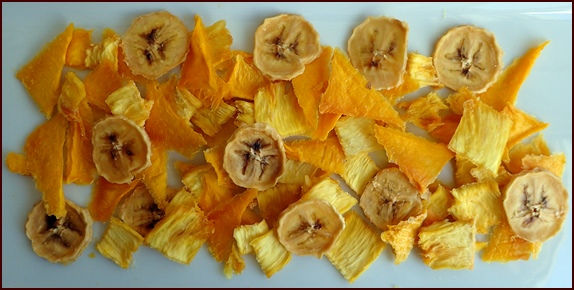 Photo shows ingredients for Tropical Fruit Cocktail with Dehydrated Mango.