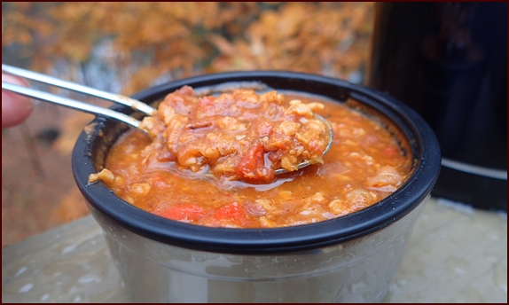 Turkey chili rehydrated in thermos food jar.