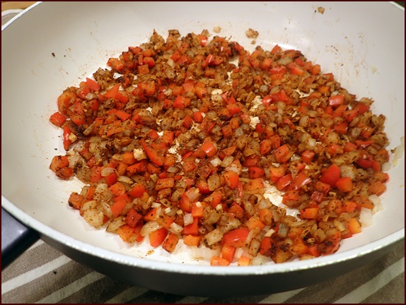 Onions, garlic, peppers, and dry seasonings cooked without oil.