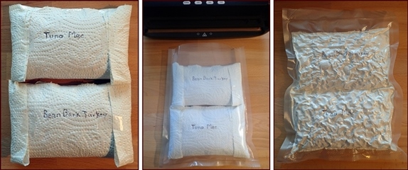 Two dehydrated meals fit nicely in an 8-inch wide vacuum seal bag.