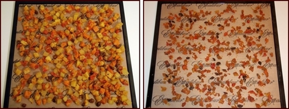 Dehydrating cooked root vegetables before and after.