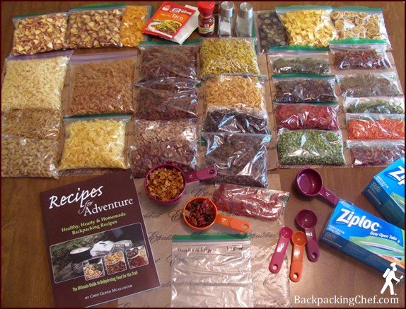 Dehydrated backpacking food about to be assembled into meals for 6-day backpacking menu.