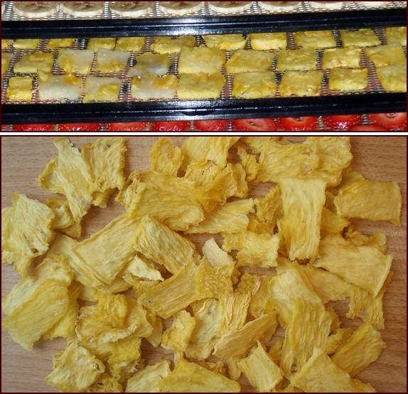 Dehydrating pineapple, before and after.