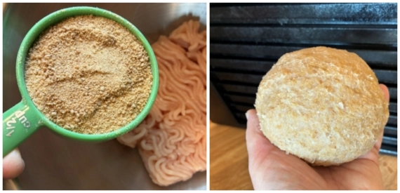 Adding ground hummus to chicken. Adding ground hummus to chicken.