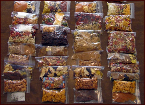 Backpacking Meals and Snacks Packed in Bags.