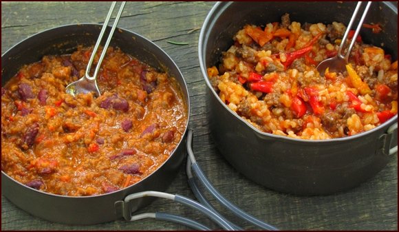 DIY Backpacking Food. Rehydrated Chili on left, Unstuffed Peppers on right.