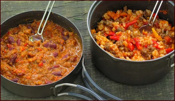 DIY Backpacking Food. Rehydrated Chili on left, Unstuffed Peppers on right.