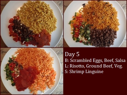 Backpacking Meals: Scrambled Eggs, Risotto, Shrimp Linquine.