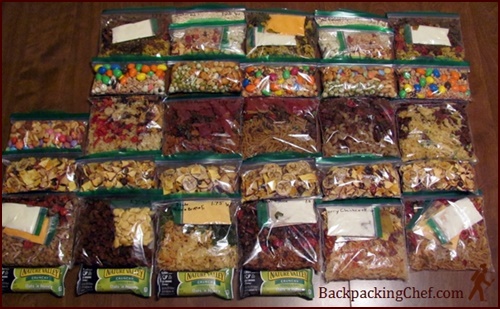 Backpacking Meals and Snacks in Bags.