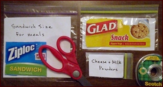 Bags used to pack backpacking meals, snacks, and seasonings.