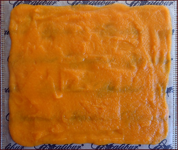 Carrot-cantaloupe fruit leather on nonstick sheet.