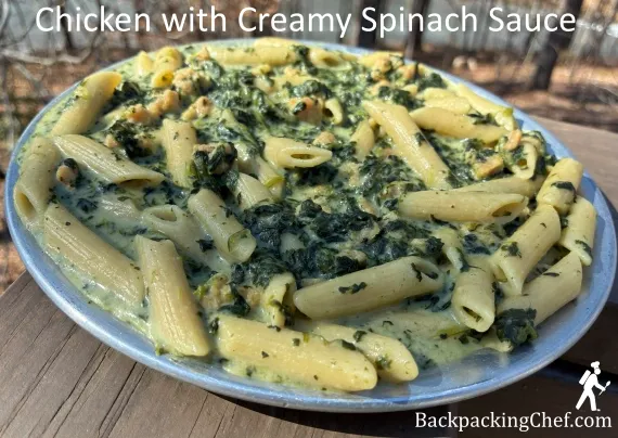Chicken with Creamy Spinach Sauce rehydrated for the trail.