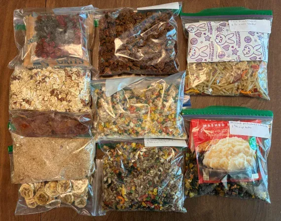 Four days of dehydrated camping meals. Four days of dehydrated camping meals.