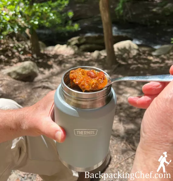 Cloudland Canyon Chili rehydrated in thermos. Cloudland Canyon Chili rehydrated in thermos.