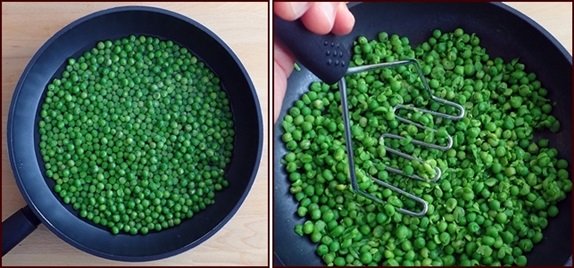Cooking and lightly mashing frozen peas.