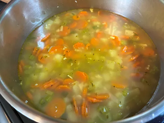 Step Five: Add cooked vegetables and chicken to chicken broth.