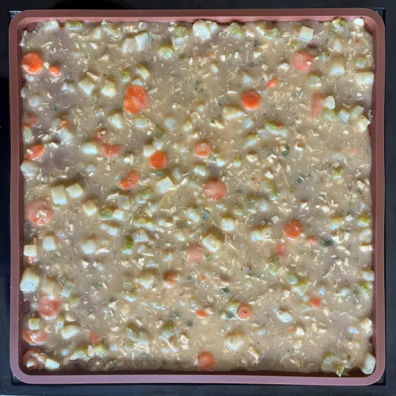 Creamy chicken soup on silicone dehydrator tray.