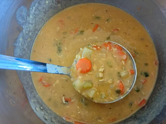 Step Six: Blend part of the soup and recombine with unblended part.