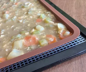 Silicone tray with raised edges for dehydrating soup.