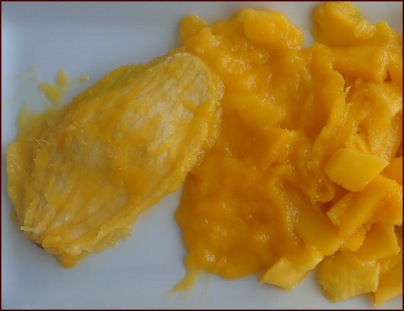 Photo shows mango mush cleaned off of the pit—perfect for dehydrating mango fruit leather.